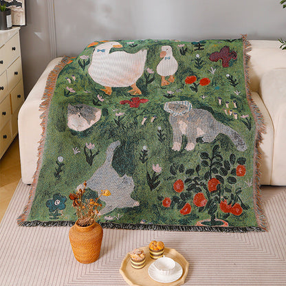 Ancient-style artistic knitted tapestry throw blanket draped over a sofa