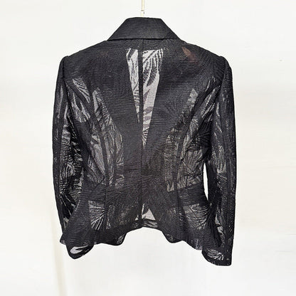 Sheer leaf jacquard single-button cropped blazer jacket in a textured botanical pattern