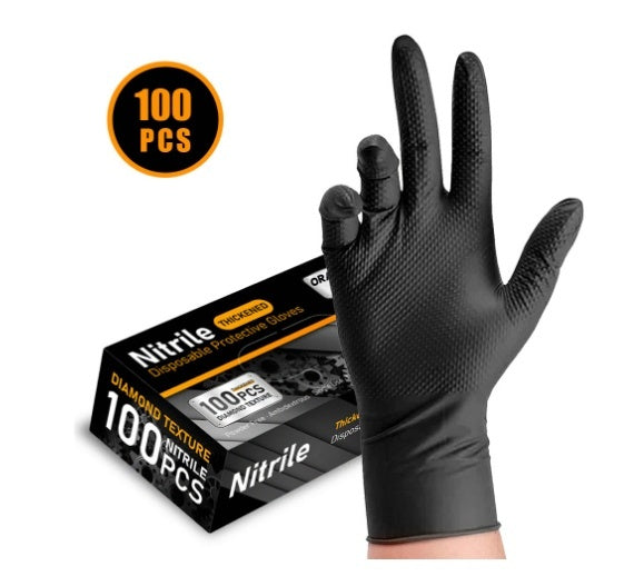 Thickened diamond-textured disposable nitrile protective gloves, black pair close-up