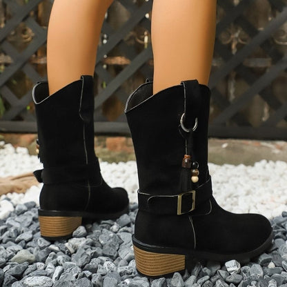 Thin thick-soled Martin boots with elastic suede panels, black ankle boot design