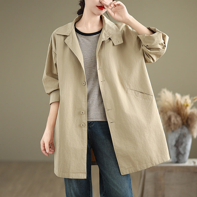 Women's casual relaxed-fit mid-length trench coat in versatile neutral style