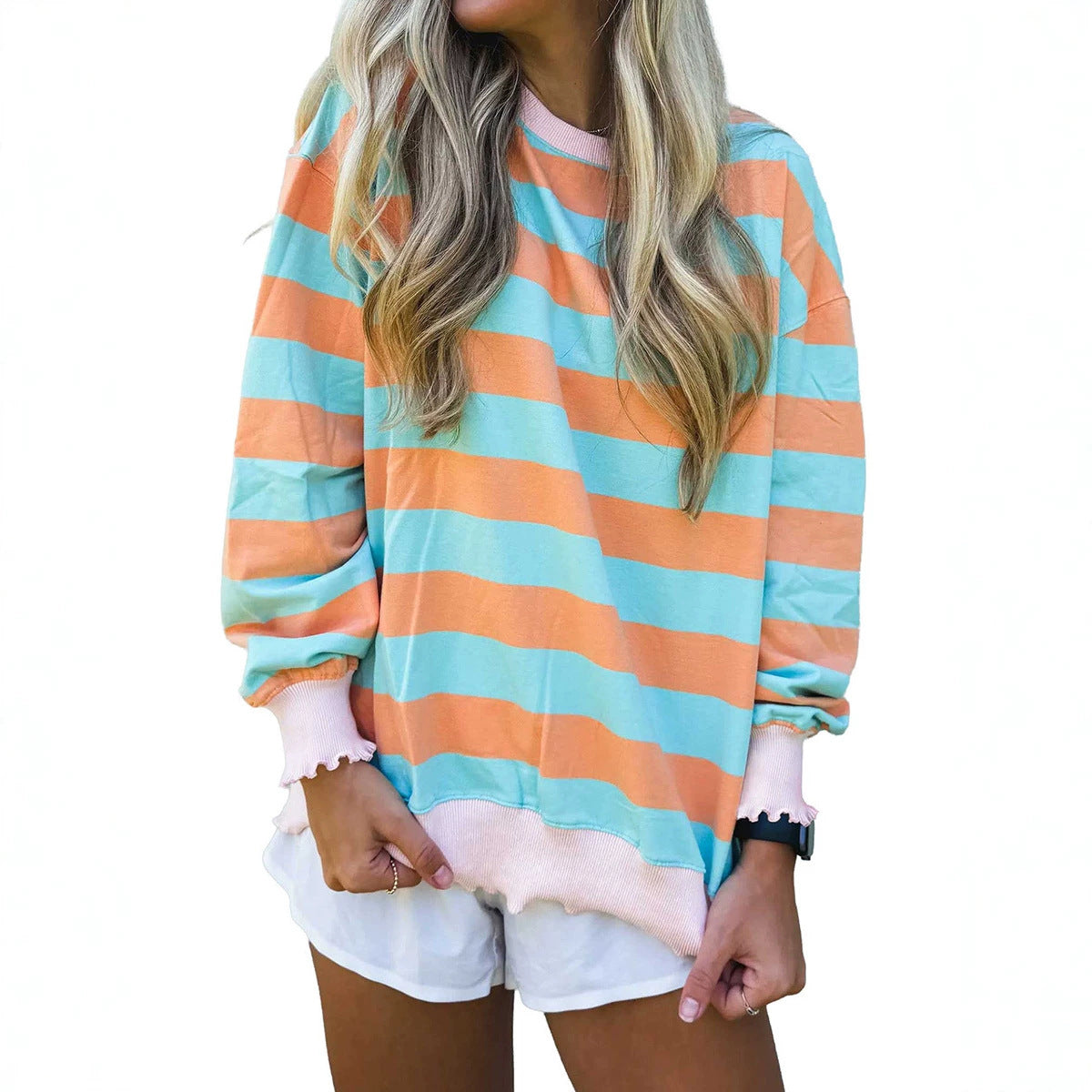 Relaxed-fit striped colorblock pullover crewneck minimalist sweatshirt by My Store