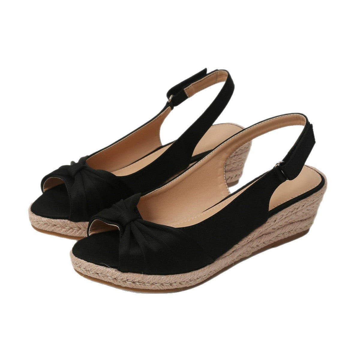Short-statured thick-soled wedge straw-heeled sandals in a textured woven design