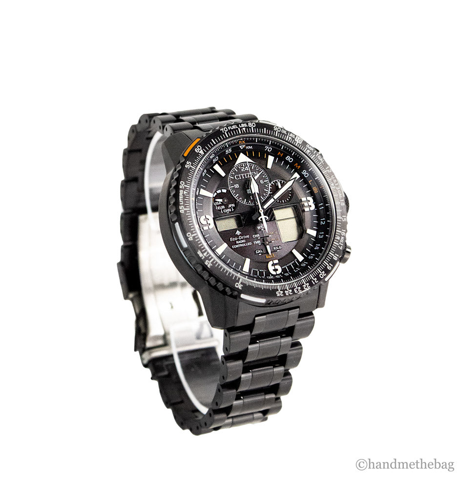 Citizen Promaster Skyhawk Eco-Drive Chrono black stainless steel watch with digital display and multiple time zone features.