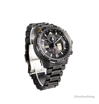 Citizen Promaster Skyhawk Eco-Drive Chrono black stainless steel watch with digital display and multiple time zone features.