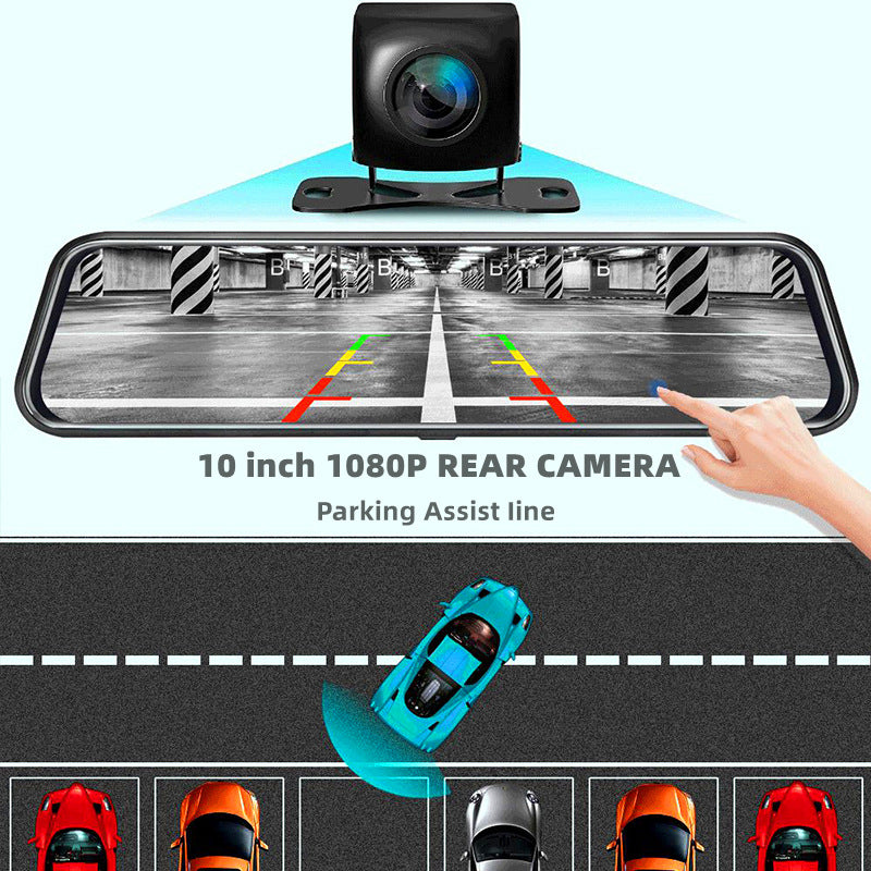 Front and rear dual recording rear view mirror dash cam with integrated display and camera lenses