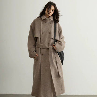 Retro-chic soft oat-beige belted wool coat in a long silhouette by My Store