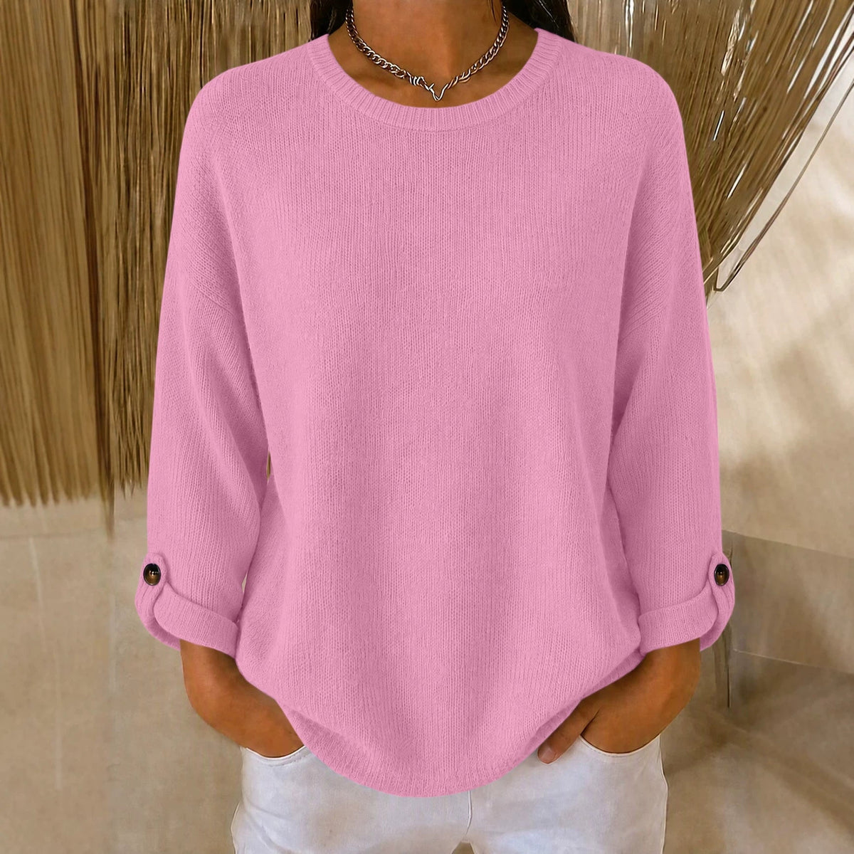 New-style knitted pullover crew neck casual top in a soft textured knit fabric