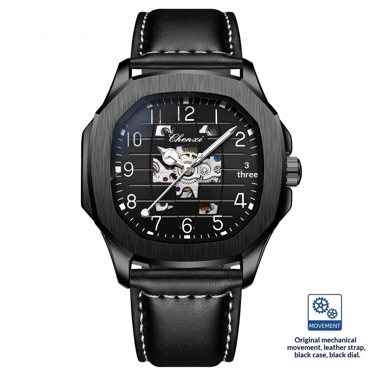 High-end square mechanical men's watch with a classic dial and leather strap
