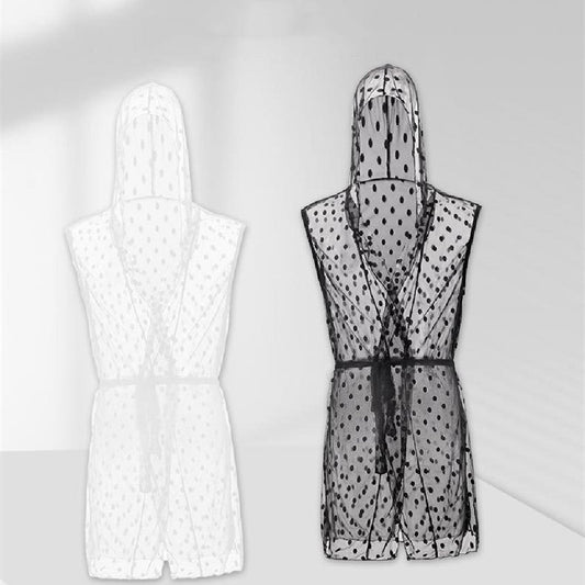 Men's transparent fashion lace mesh bathrobe with open-front design and long sleeves