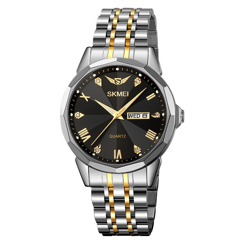 Solid steel band business calendar watch with black dial, luminous hands, and waterproof design