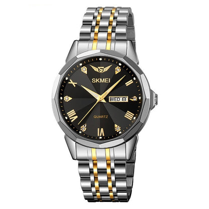 Solid steel band business calendar watch with black dial, luminous hands, and waterproof design
