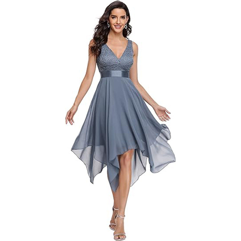 Women's lace chiffon cocktail ball gown in an elegant formal silhouette