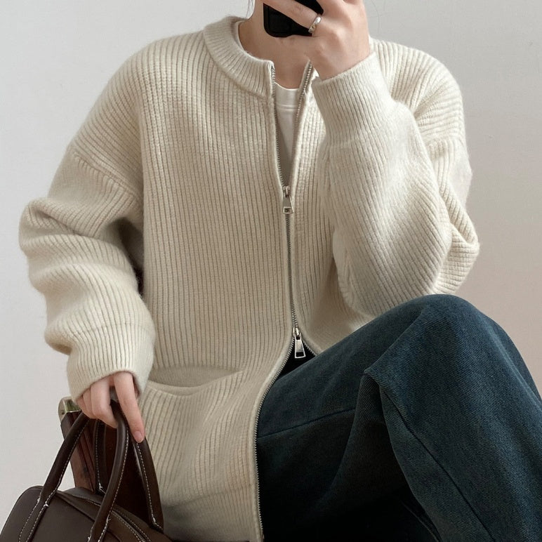Women's laid-back style zip-up sweater coat in soft knit fabric with a relaxed fit and front zipper