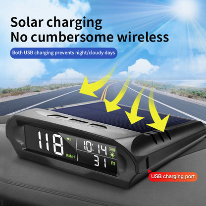 Car head-up display GPS solar alarm with digital speedometer and windshield projection module