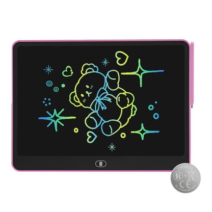 GBruno Store LCD writing tablet for kids with stylus and lock function, showing a colorful digital drawing on the screen.