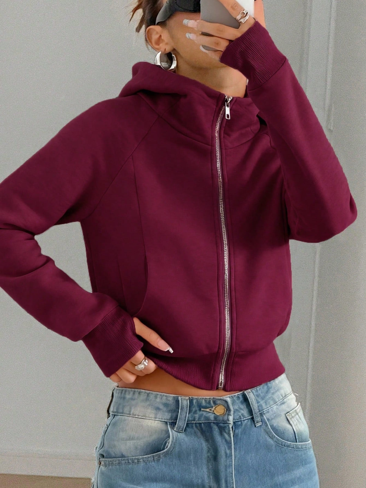 Solid-color cropped hooded sweatshirt for women by My Store