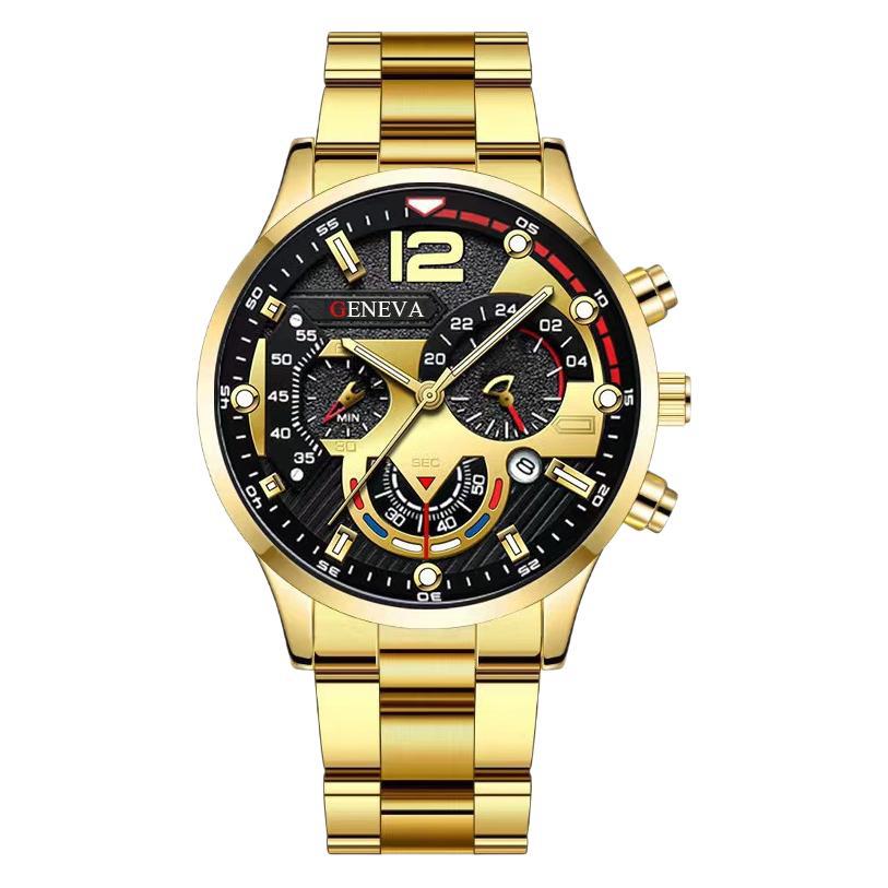 Men's business fashion steel watch with three-eye dial, single calendar, bracelet, and cross detail