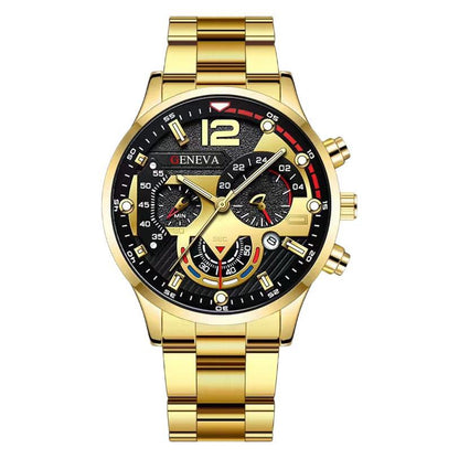 Men's business fashion steel watch with three-eye dial, single calendar, bracelet, and cross detail