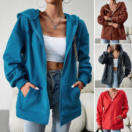 Women's casual hooded cardigan jacket with pockets, loose solid-color winter and autumn sports coat