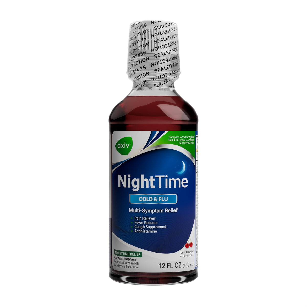 AXIV Night Relief Cold & Flu Liquid by BACKUPMYFILESNOW® in a 12oz bottle, shown with label and cap on a white background.