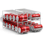 BACKUPMYFILESNOW® FridgeFit soda can holder with dual 12-can dispenser set, showing organized cans in a sleek kitchen fridge.