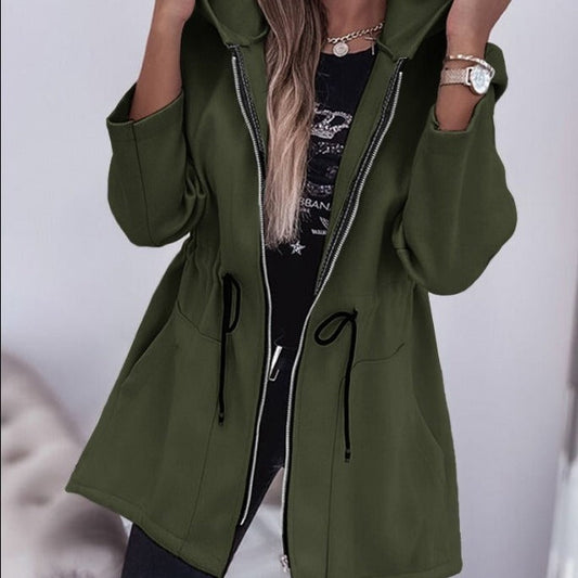 Women's fall winter casual hooded coat in warm neutral fabric with long sleeves and front closure