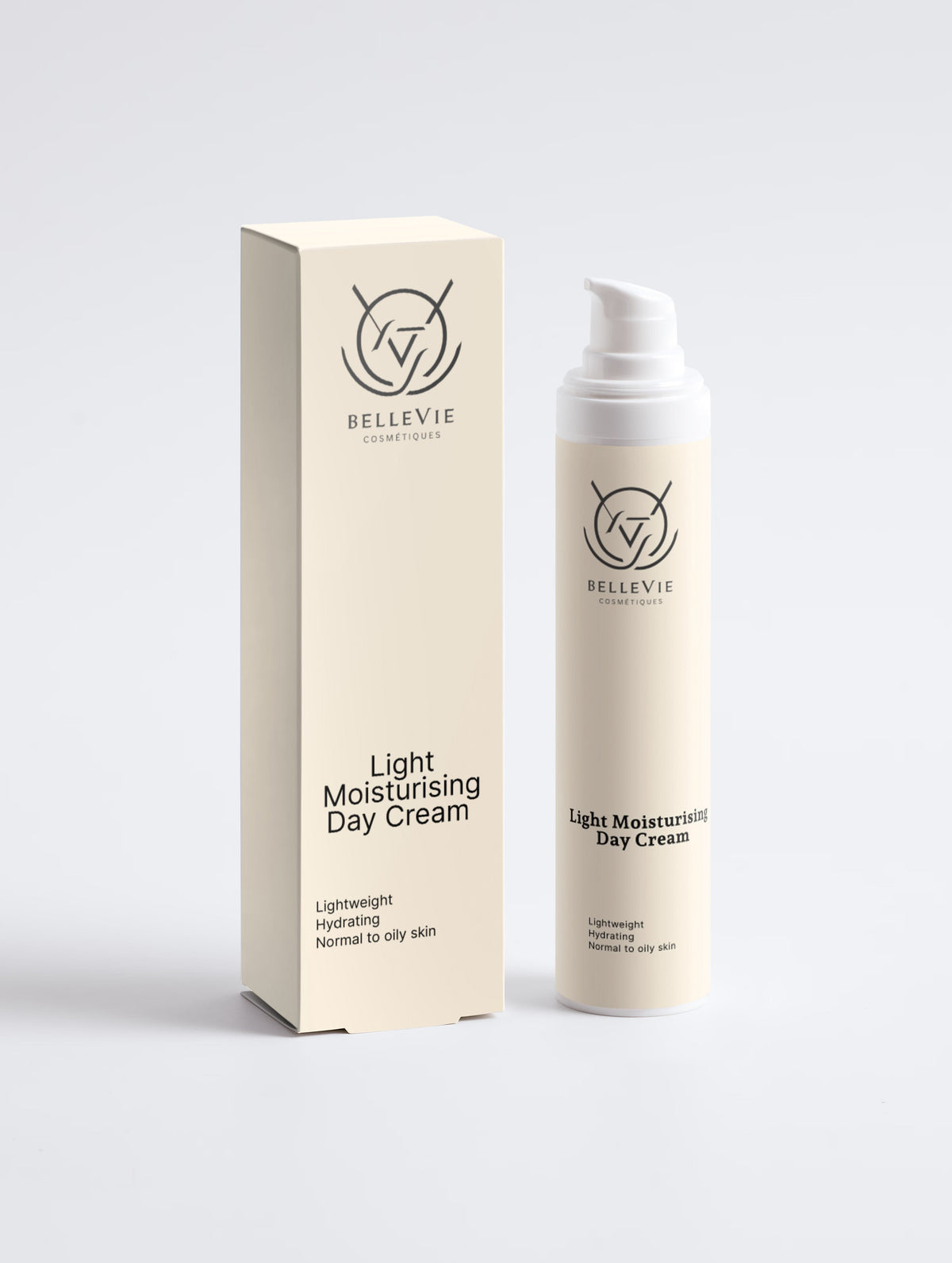 BelleVie Cosmétiques light moisturizing day cream in a 50ml jar, showing smooth, matte-textured face cream for normal and combination skin.