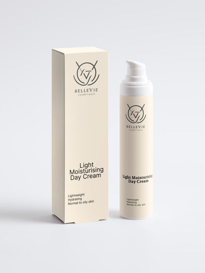 BelleVie Cosmétiques light moisturizing day cream in a 50ml jar, showing smooth, matte-textured face cream for normal and combination skin.