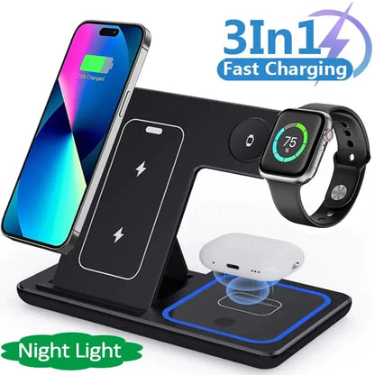 3 In 1 Wireless Charger Station – Fast Qi-Certified, Foldable Design with Magnetic Components