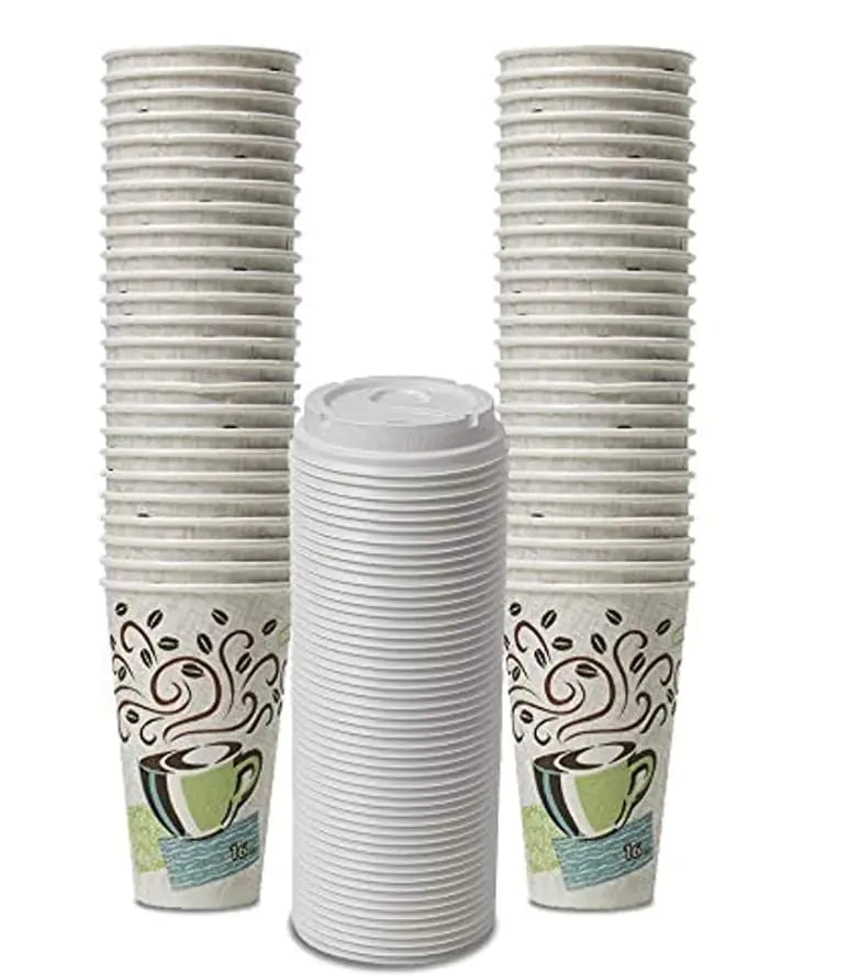 Dixie PerfecTouch WiseSize Coffee Design Insulated Paper Cup 16oz Cups and Lids Bundle (16 oz 100 Cups 100 Lids)