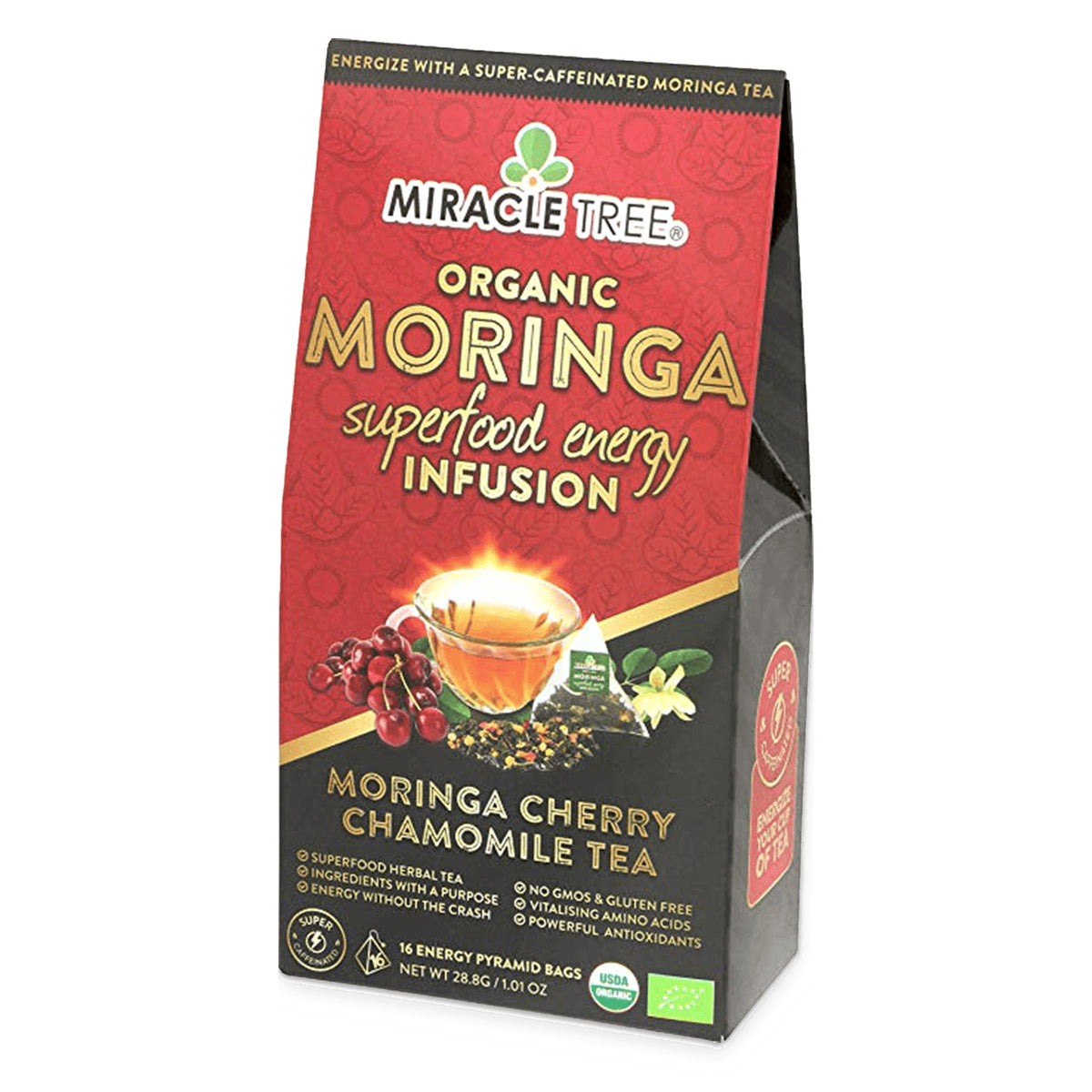 Organic Moringa Energy Tea by Miracle Tree with cherry and chamomile, natural coffee alternative in a vibrant tea cup.