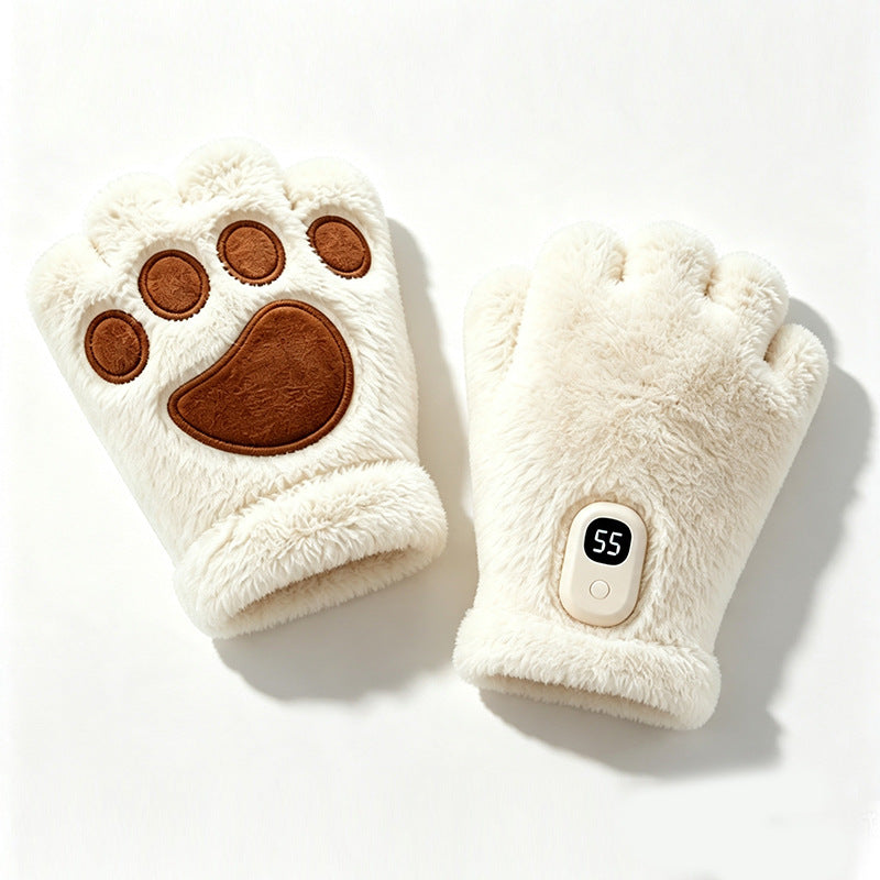 Cat-paw heated fingered gloves, soft hand warmer design with paw-print details
