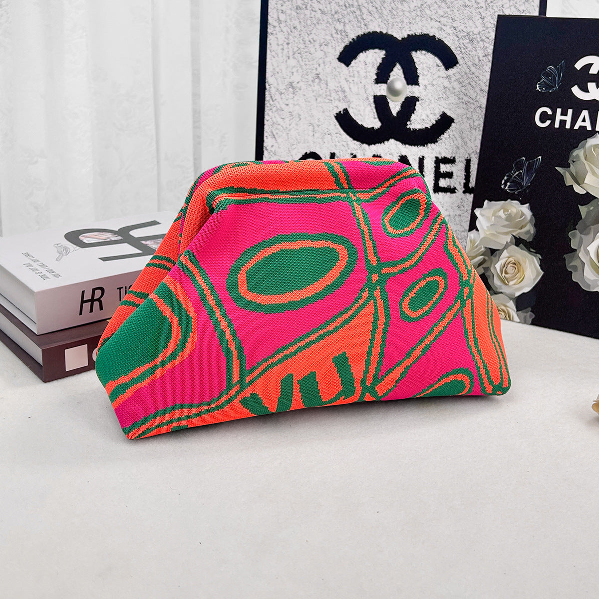 Women's striped knitted clutch bag by My Store, woven texture and compact rectangular design