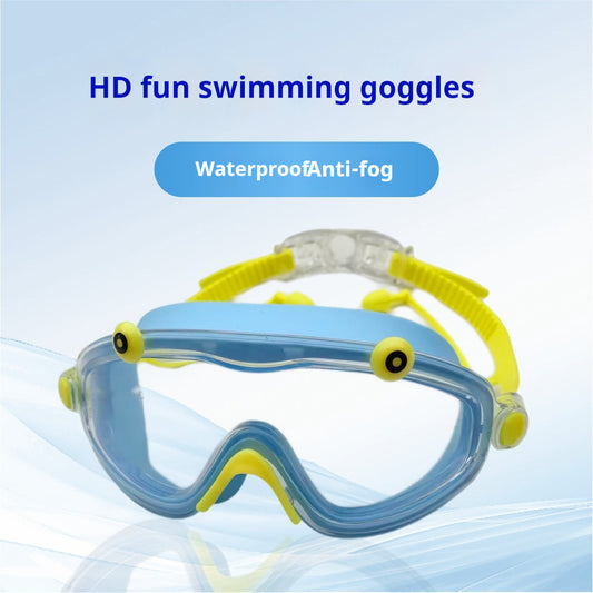 Children's HD swimming glasses with large transparent frame and integrated one-piece earplugs