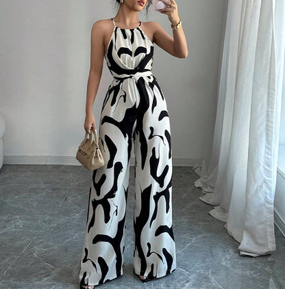 European and American style milk-pattern halter neck jumpsuit with tie-back open-back bodysuit design, women's fashion