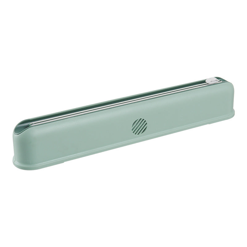 Wall-mounted cling film box with suction cup and adjustable cutter for kitchen storage
