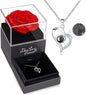 Preserved real rose with "I Love You" necklace, featuring a delicate flower and elegant jewelry piece.