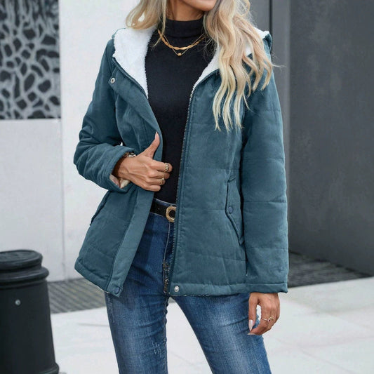Women's fleece-lined hooded loose-fit cotton coat in plus size, front view