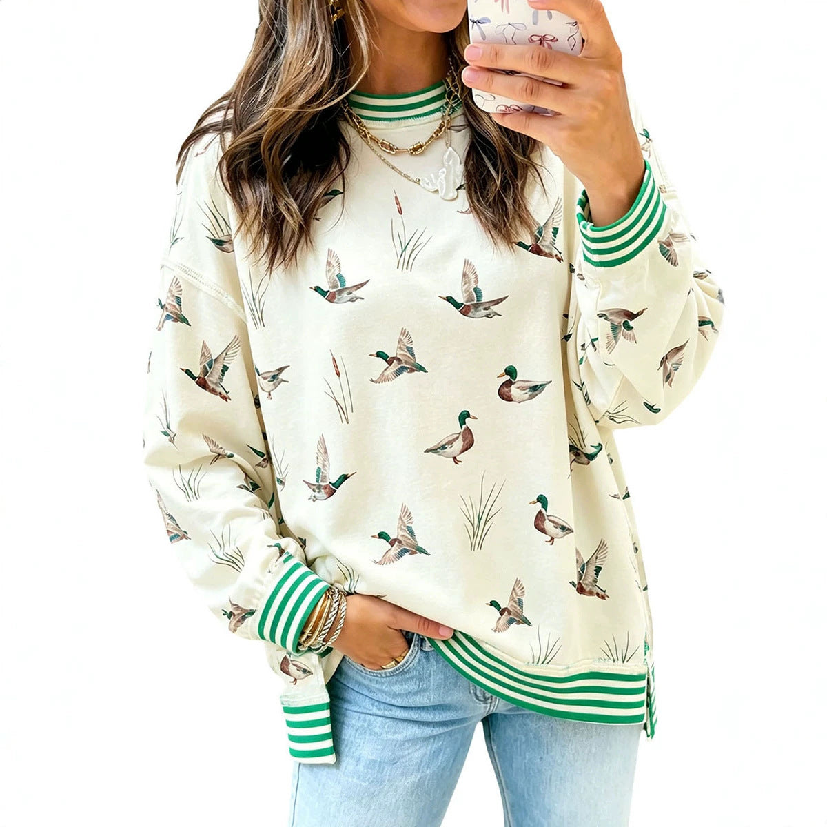 Women's ribbed-trim animal-print loose-fit sweatshirt by My Store
