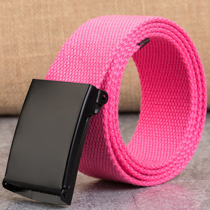 Candy-colored canvas men's belt with snap clasp fastener, shown in a flat product view