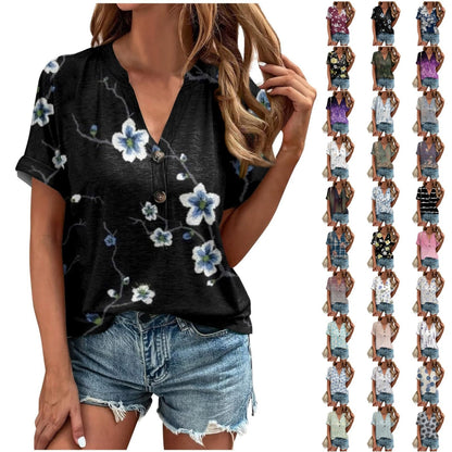Floral V-Neck Blouse - Short Sleeve Summer Top for Women