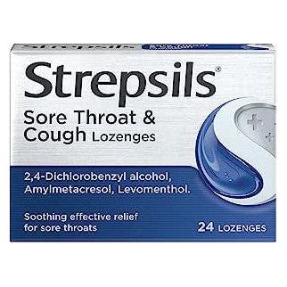 Pasteur Pharmacy Strepsils sore throat and cough lozenges package with 24 lozenges, featuring a white and blue design.