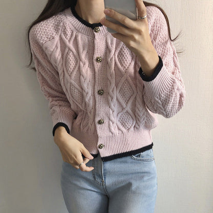 Color-block button-up knit cardigan sweater with sweet-style design###