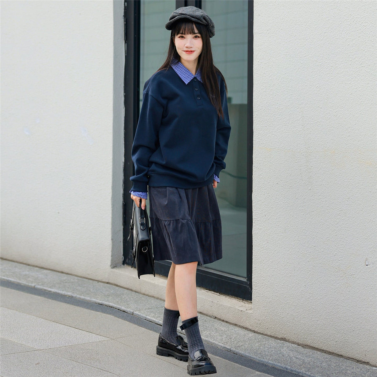 Retro parent-child plaid patchwork shirt-collar hoodie faux two-piece pullover top, front view