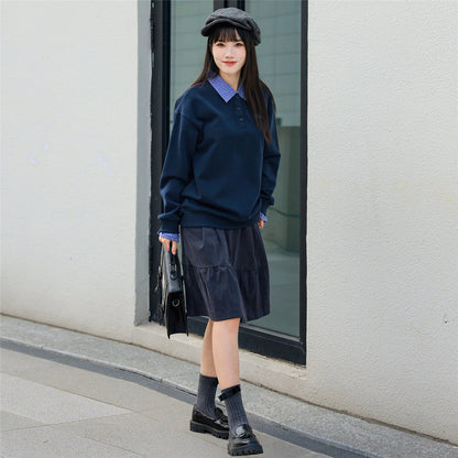 Retro parent-child plaid patchwork shirt-collar hoodie faux two-piece pullover top, front view