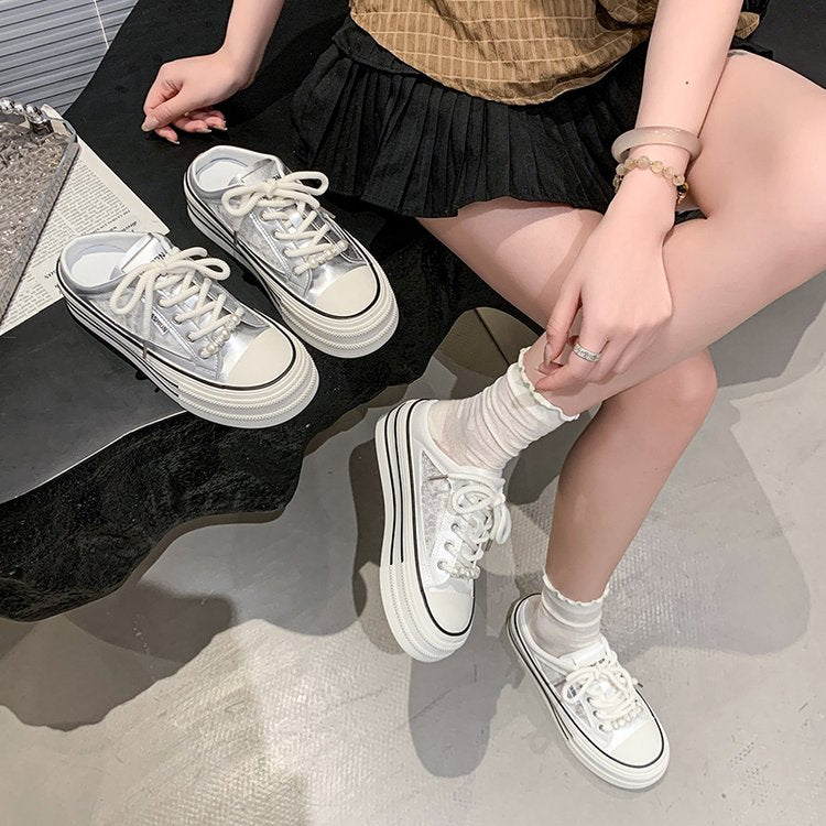 White women's breathable mesh closed-toe mules, lightweight casual slip-on shoes with versatile design