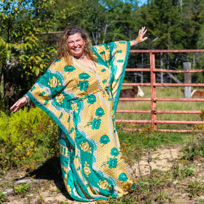 Aanya adjustable long kaftan dress by Darn Good Yarn, eco-friendly crochet knit boho style, plus size women's clothing.
