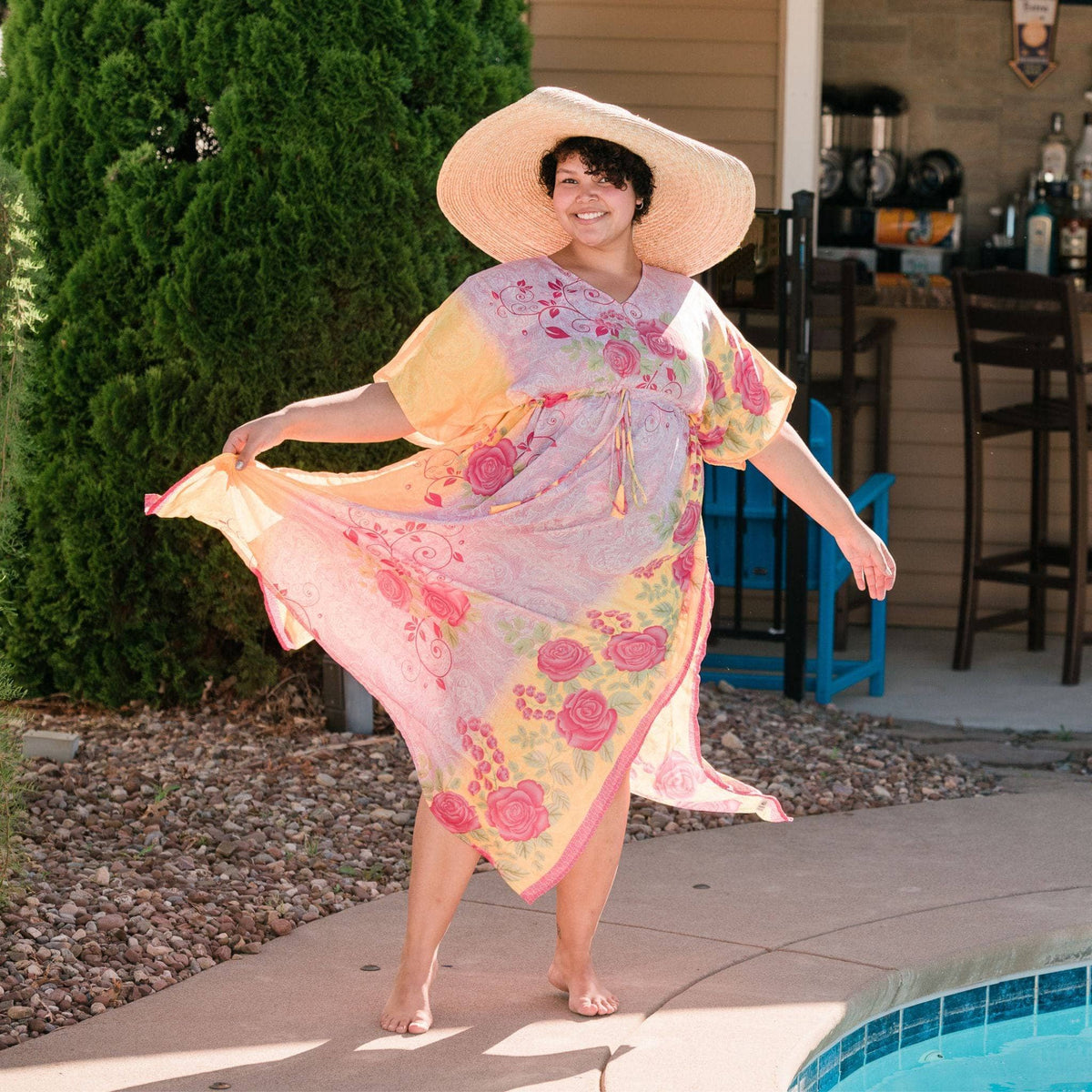 Darn Good Yarn Aanya adjustable long kaftan dress in eco-friendly crochet yarn, boho style, plus size, worn as women's clothing.