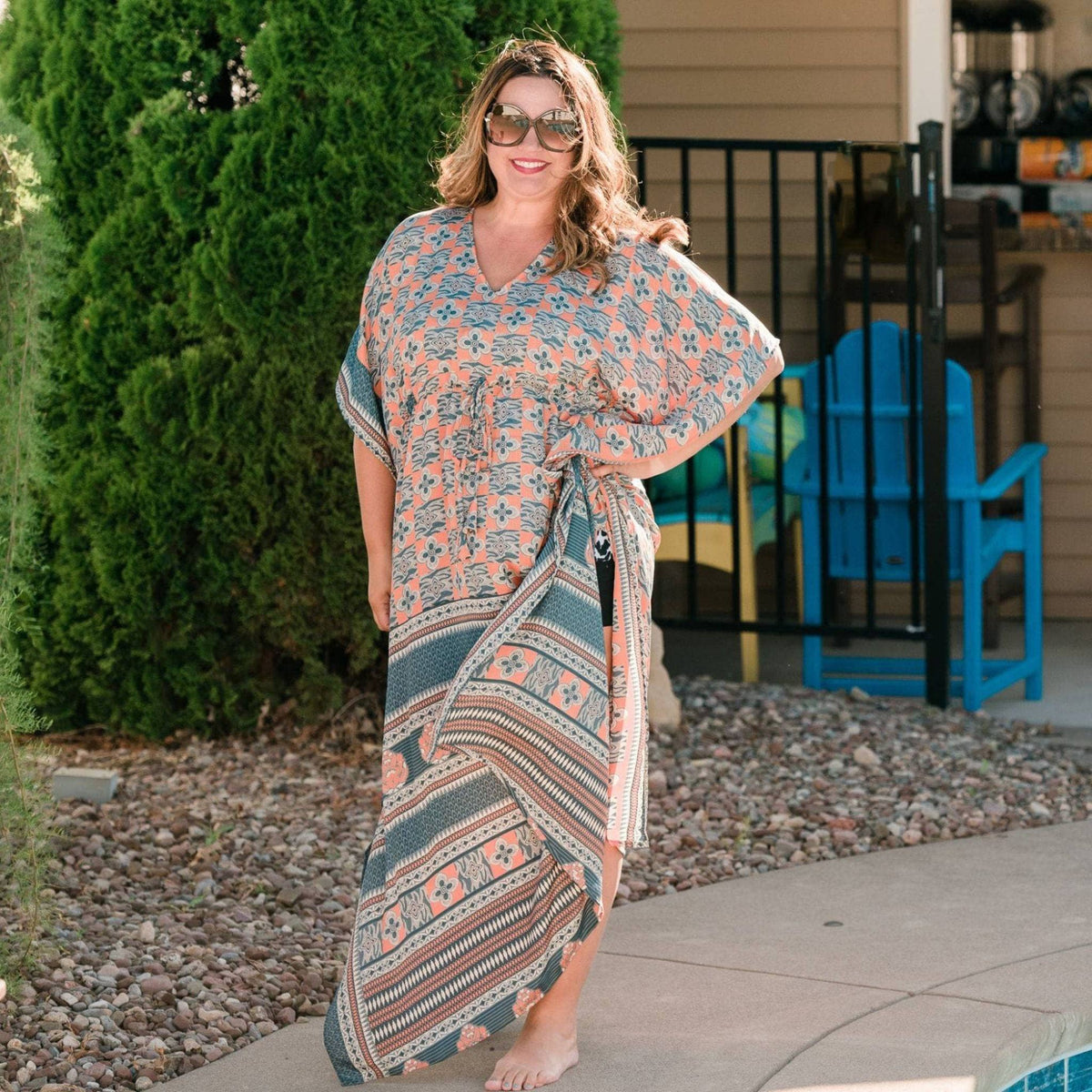Aanya adjustable long boho kaftan dress by Darn Good Yarn, handmade crochet knit in eco-friendly yarn, plus size women's clothing.